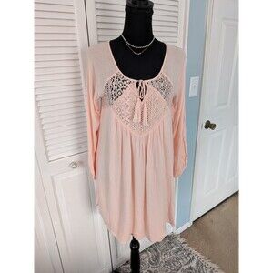 Purple Snow Mini Dress/Tunic Women's L Peach Boho Lightweight Crinkle Crochet